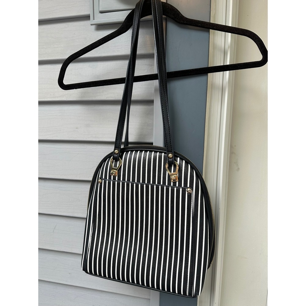 Miztique Black White Striped Dome Handbag Gold Hardware Faux Leather Tote Bag - Picture 1 of 6